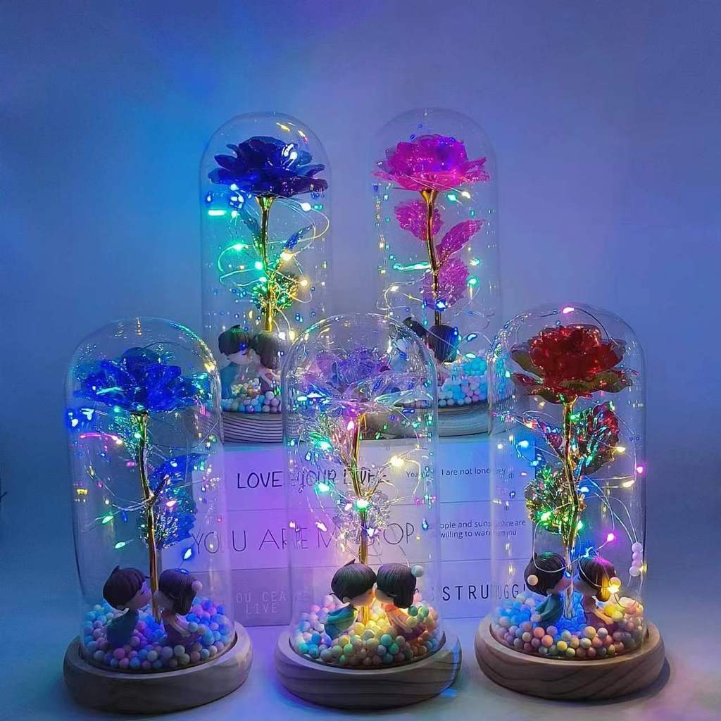 กุหลาบโหลไฟแก้ว ดอกกุหลาบประดิษฐ์พร้อมไฟ LED ของขวัญวันวาเลนไทน์ โคมไฟกุหลาบ LED เซอร์ไพร์วันเกิด (ไม่รวมแบตเตอรี่)