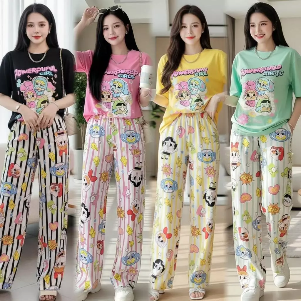 Mayura Stores No.C2553 ชุดเซ็ท2ชิ้น เสื้อ+กางเกง (powerpuff) กางเกงแต่งแถบ เสื้อผ้าแฟชั่น
