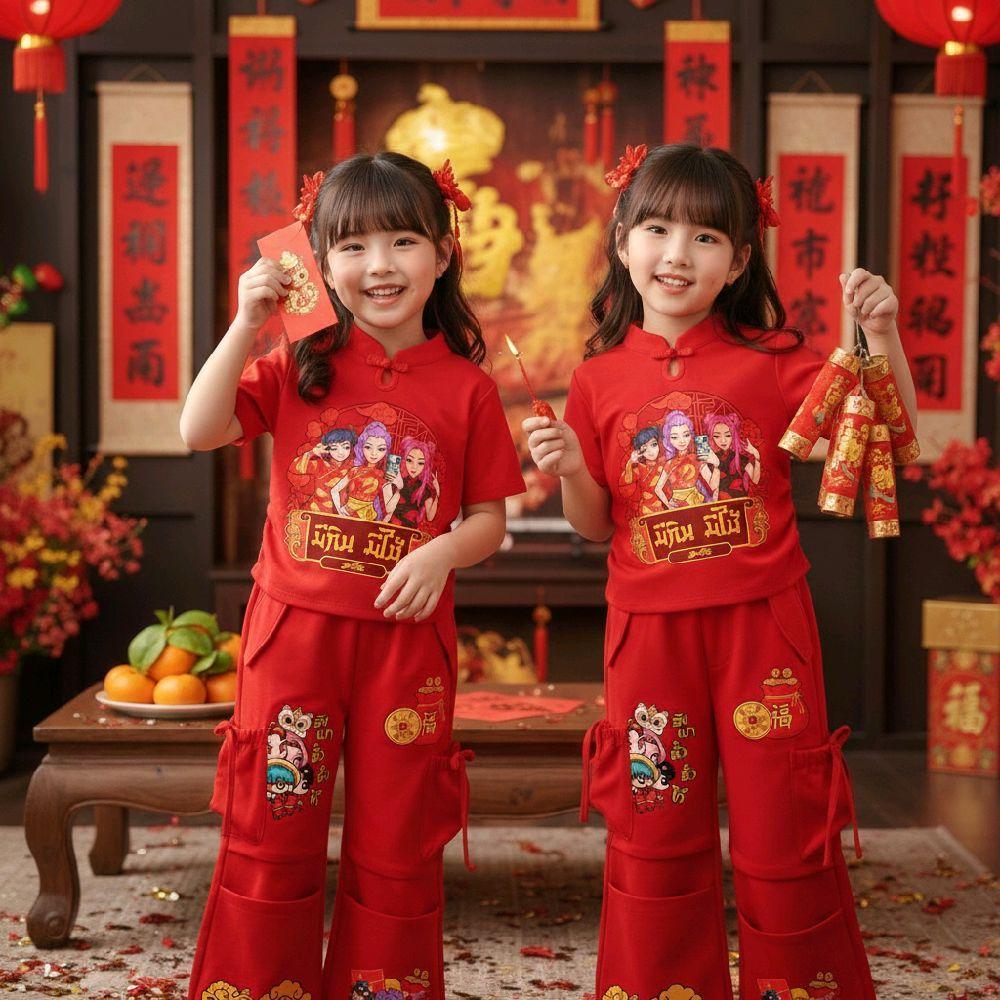 PINKชุดเซ็ทเด็ก2ชิ้น ลายการ์ตูนตรุษจีนkpop demon hunter เสื้อคอจีนลายการ์ตูน+กางเกงคาร์โก้แต่งโบว์ ส