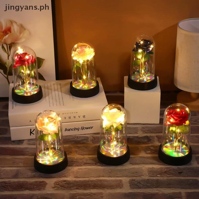 Jingyans Red Rose ดอกไม้ประดิษฐ์พร้อมไฟ LED Creative วันวาเลนไทน์ Rose ในฝาครอบแก้วจําลอง Rose ดอกไม