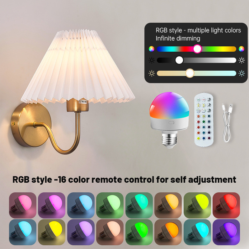 Wiring-Free Rechargeable Bulb Wall Light RGB Indoor American Style Pleated Bedroom Bedside Lamp Livi
