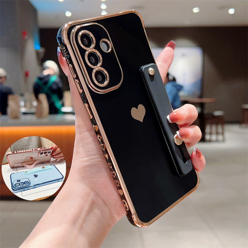สายรัดข้อมือไฟฟ้าสําหรับ Samsung Galaxy A57 A37 A56 A36 A27 A26 A25 A24 A17 A16 A15 A14 A55 A35 ขาตั้งหัวใจรักด้านข้างฝาครอบโทรศัพท์