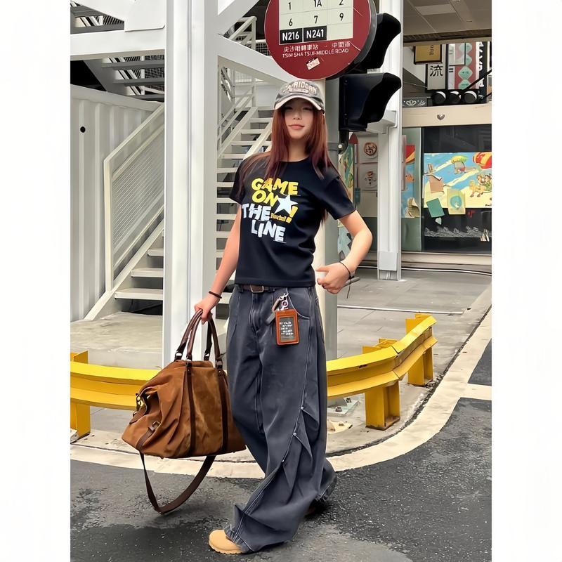 เสื้อครอป เสื้อยืดผู้หญิง เสื้อ แฟชั่นเสื้อยืดผญสวยๆคอกลมสไตล์อเมริกันเสื้อยืดวินเทจ