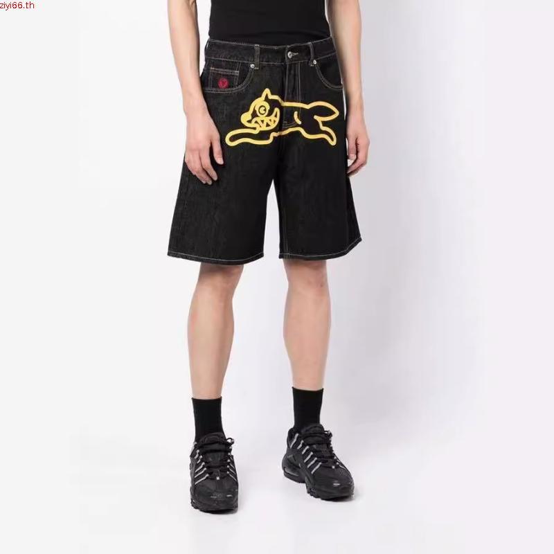 American Trend Hip-Hop Flying Dog พิมพ์กางเกงขาสั้นผ้ายีนส์ตรงผู้ชาย vibe High Street Casual แฟชั่นข