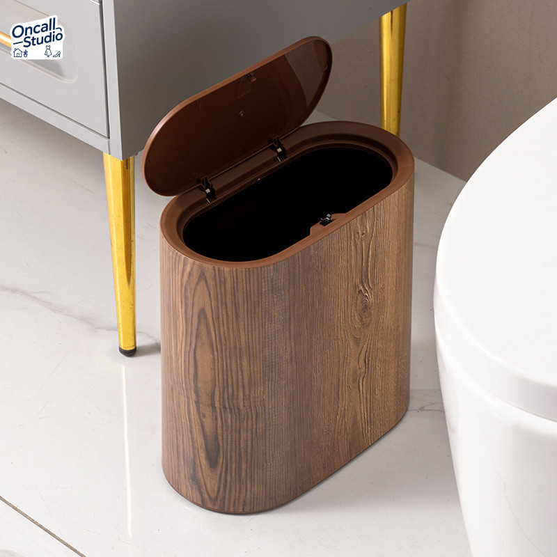ถังขยะดีไซน์แคบ วางในช่องแคบได้! ลายไม้เทียม ฝาปิดมิดชิดกันกลิ่น สำหรับห้องน้ำและห้องรับแขก - รูปที่ 2