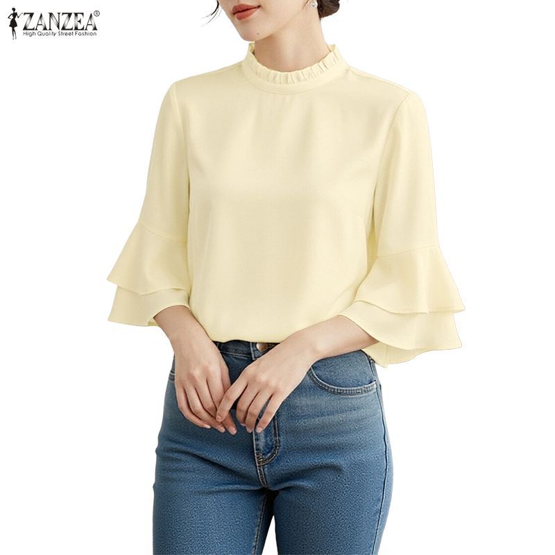 ZANZEA เสื้อเบลาส์แขนบานสองชั้น สไตล์เกาหลีสำหรับผู้หญิง แบบอ่อนโยน ลูกเรือคอดлинเนอร์