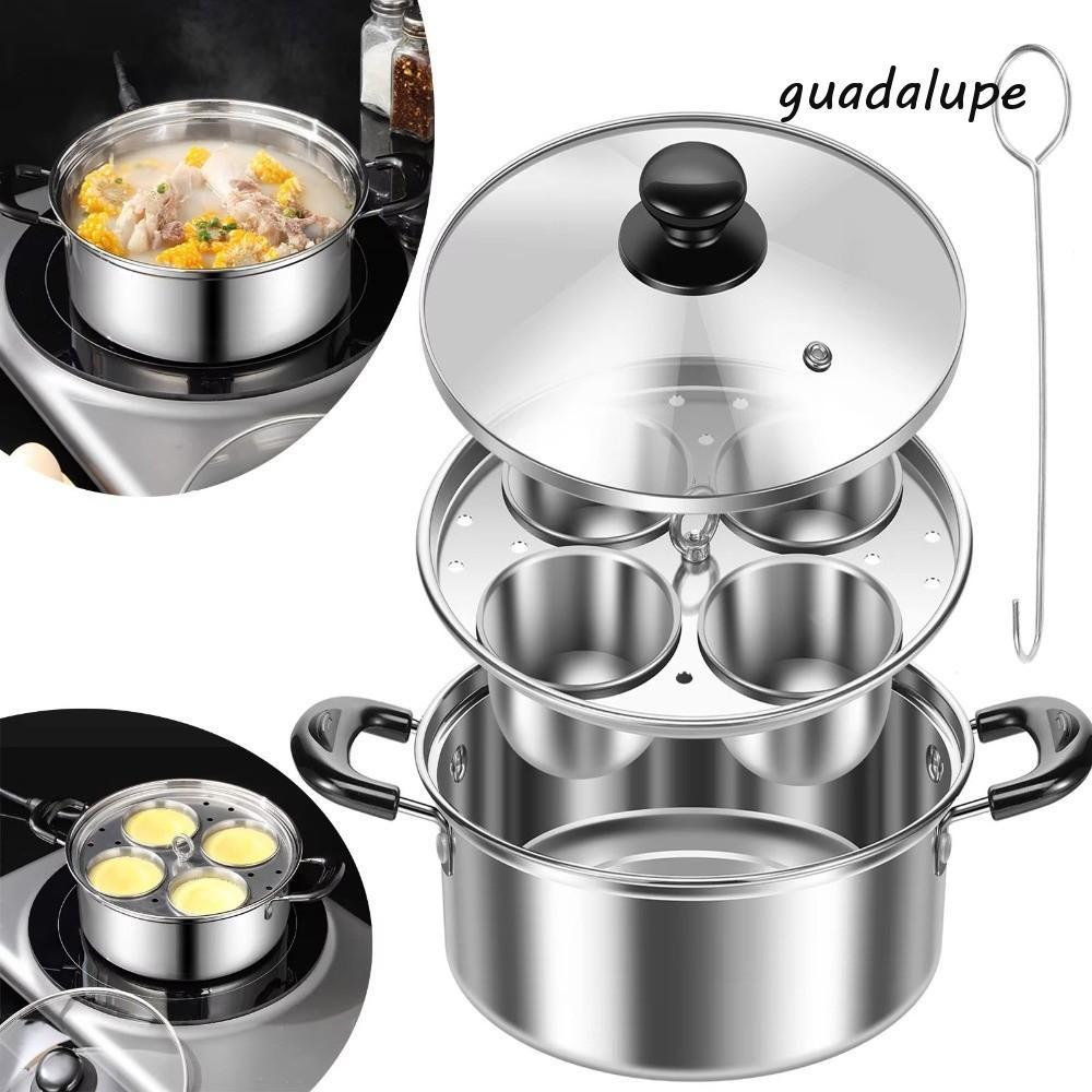 GUADALUPE Non-Stick Egg Poacher หม้อ,หนากันสนิมอเนกประสงค์ Steamer,เครื่องทําไข่ 4 ถ้วยสแตนเลสนึ่งตารางหม้อซุปทําอาหาร