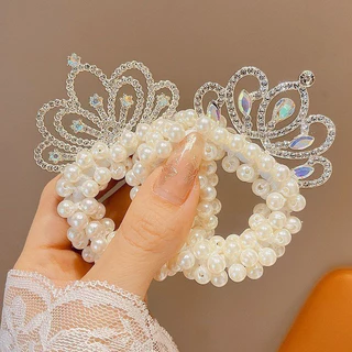 ยางรัดผมรูปมงกุฎเจ้าหญิง ยางรัดผมประดับคริสตัล ยางรัดผมมุก ยางรัดผมสำหรับเด็กผู้หญิง ยืดหยุ่นสูง