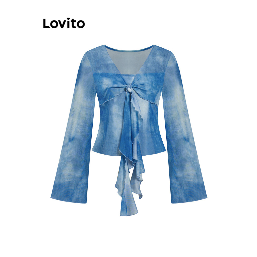 Lovito เสื้อเบลาส์ผู้หญิง มัดย้อม ผ้าตาข่าย ระบายด้านหน้า สไตล์แกลมเมอรัส L106AD939 - รูปที่ 3