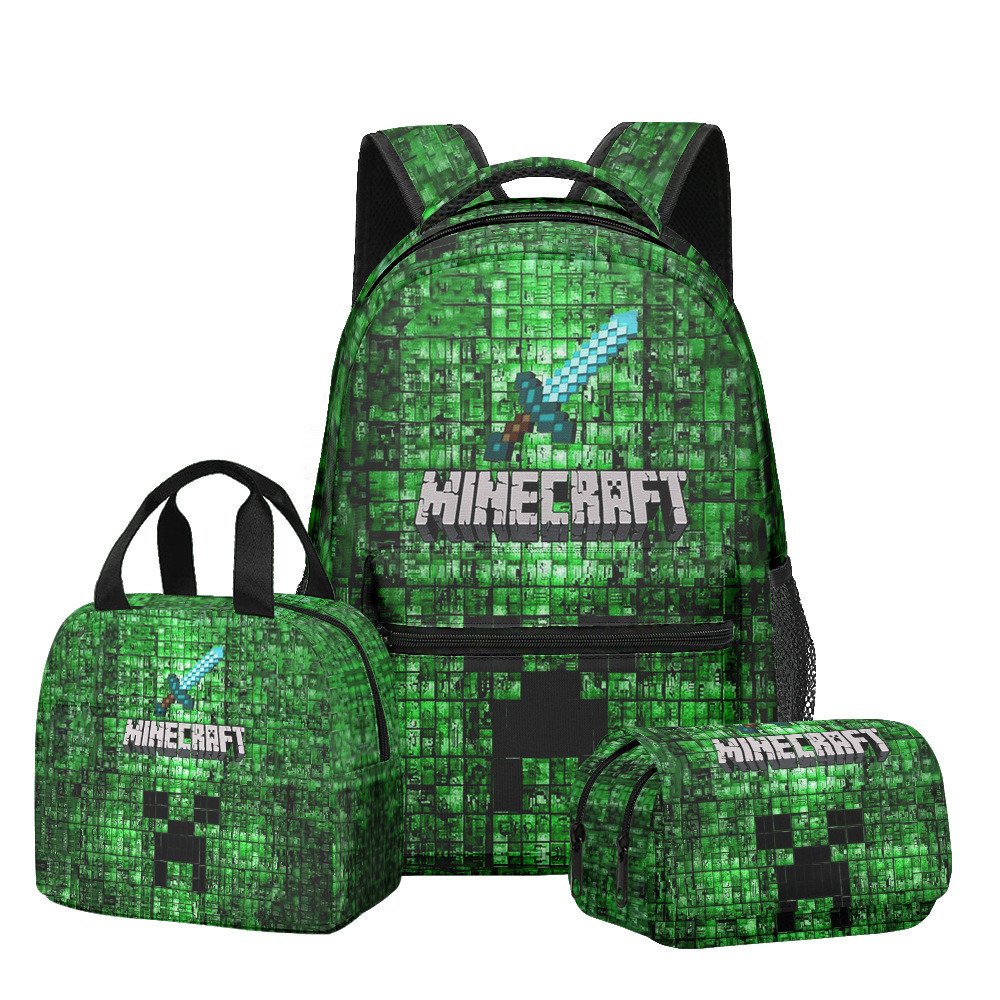 3D Minecraft Minecraft นักเรียนประถมกระเป๋านักเรียนกระเป๋าเป้สะพายหลังถุงอาหารกลางวัน Double-Layer ก