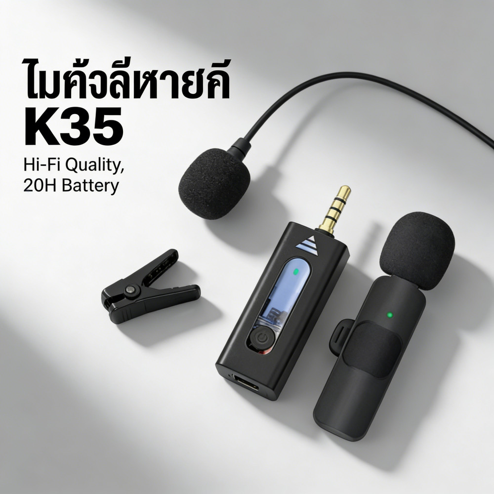 ไมโครโฟนไร้สาย ไมค์ไลฟ์สด ลำโพงสมาร์ตโฟน หนีบปกเสื้อ ไมค์K35 รุ่น3.5 สายไร้