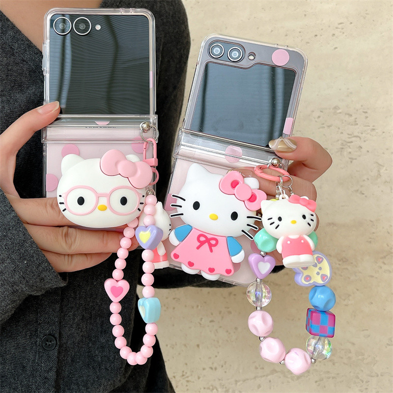 Wave Point Hello Kitty สร้อยข้อมือเคสโทรศัพท์สําหรับ Samsung Galaxy Z Flip 7 FE 3 4 5 6 บานพับกันกระ