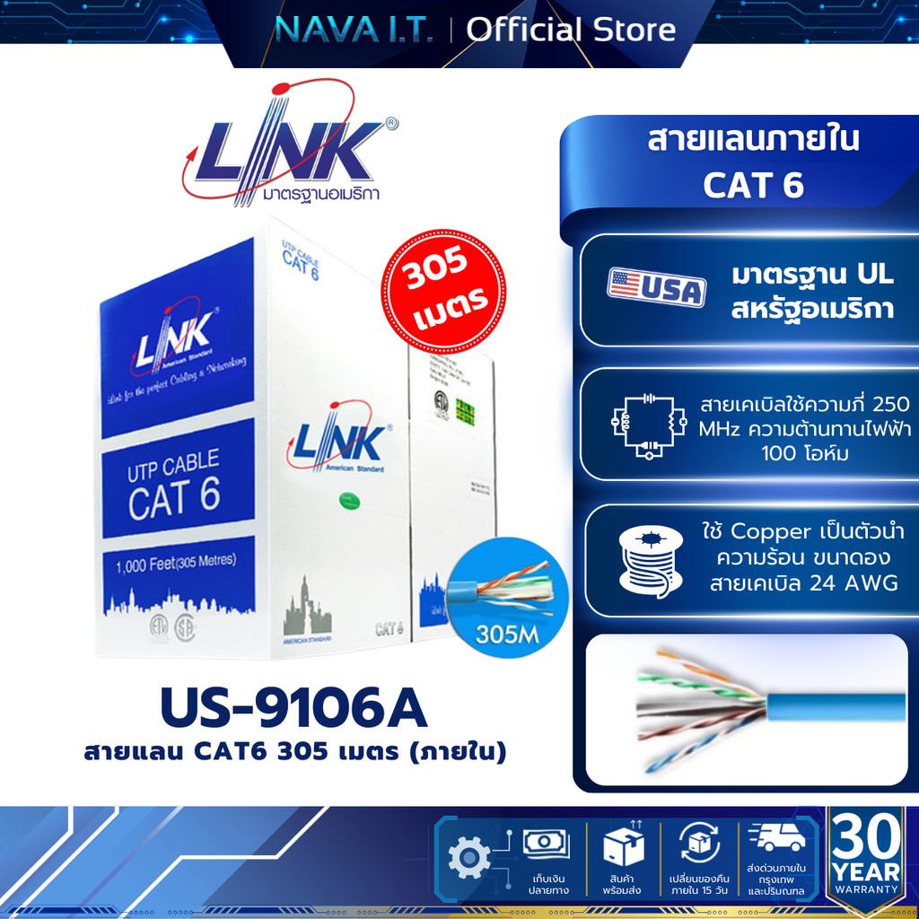 LINK US-9106A CAT6 UTP CABLE (305M/BOX) รับประกัน 30 ปี