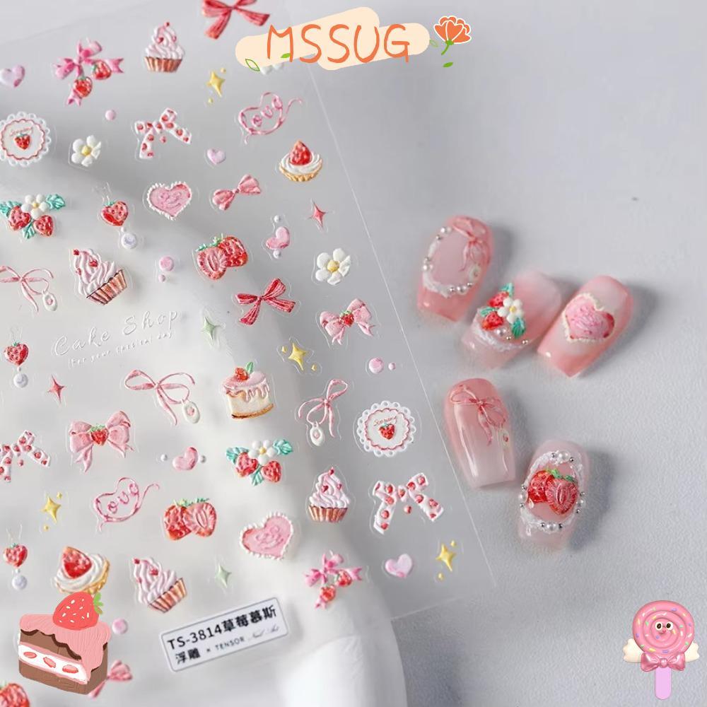 MSSUG สติ๊กเกอร์ติดเล็บ, มัฟฟินครีมเค้กไอศกรีม 5D นูนบรรเทาสติ๊กเกอร์ติดเล็บ, น่ารักกาวตนเองน่ารักสตรอเบอร์รี่ Bowknot ถ้วยสติกเกอร์