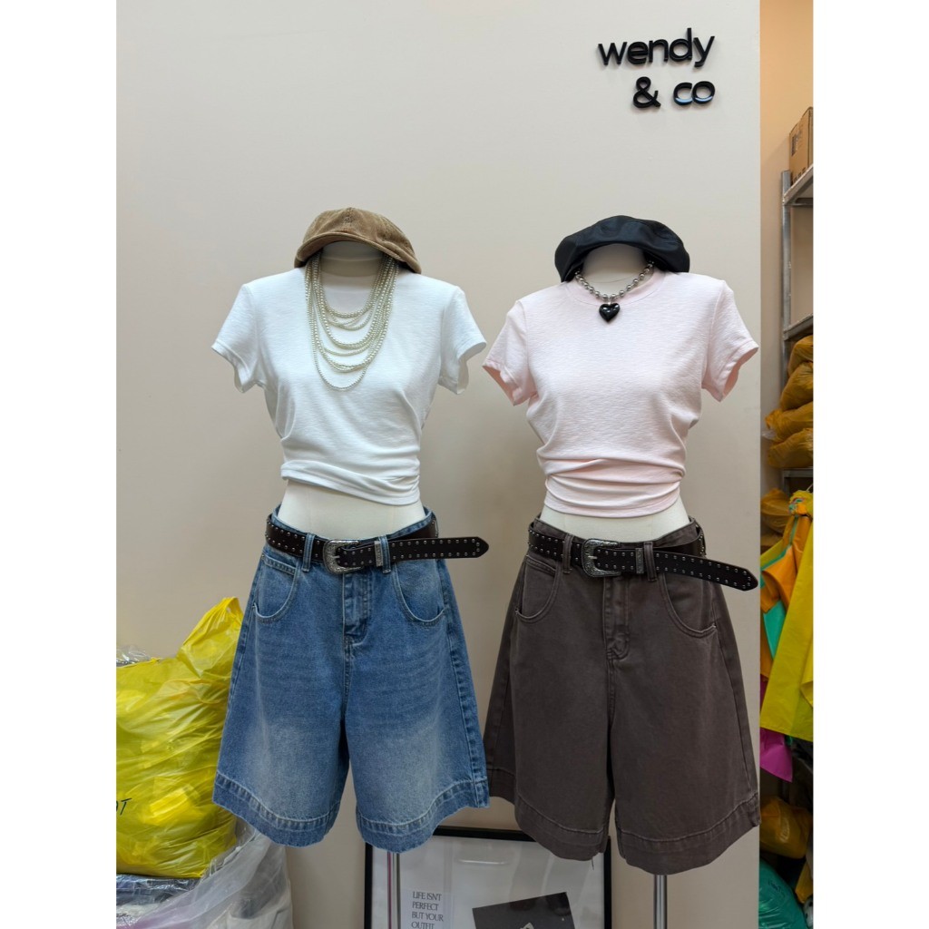 BUNY. Wendy&co DARIM Bermuda Shorts Jeans กางเกงยีนส์ขา3ส่วน+เข็มขัดหนังตอกหมุด เนื้อผ้ายีนส์ฟอก