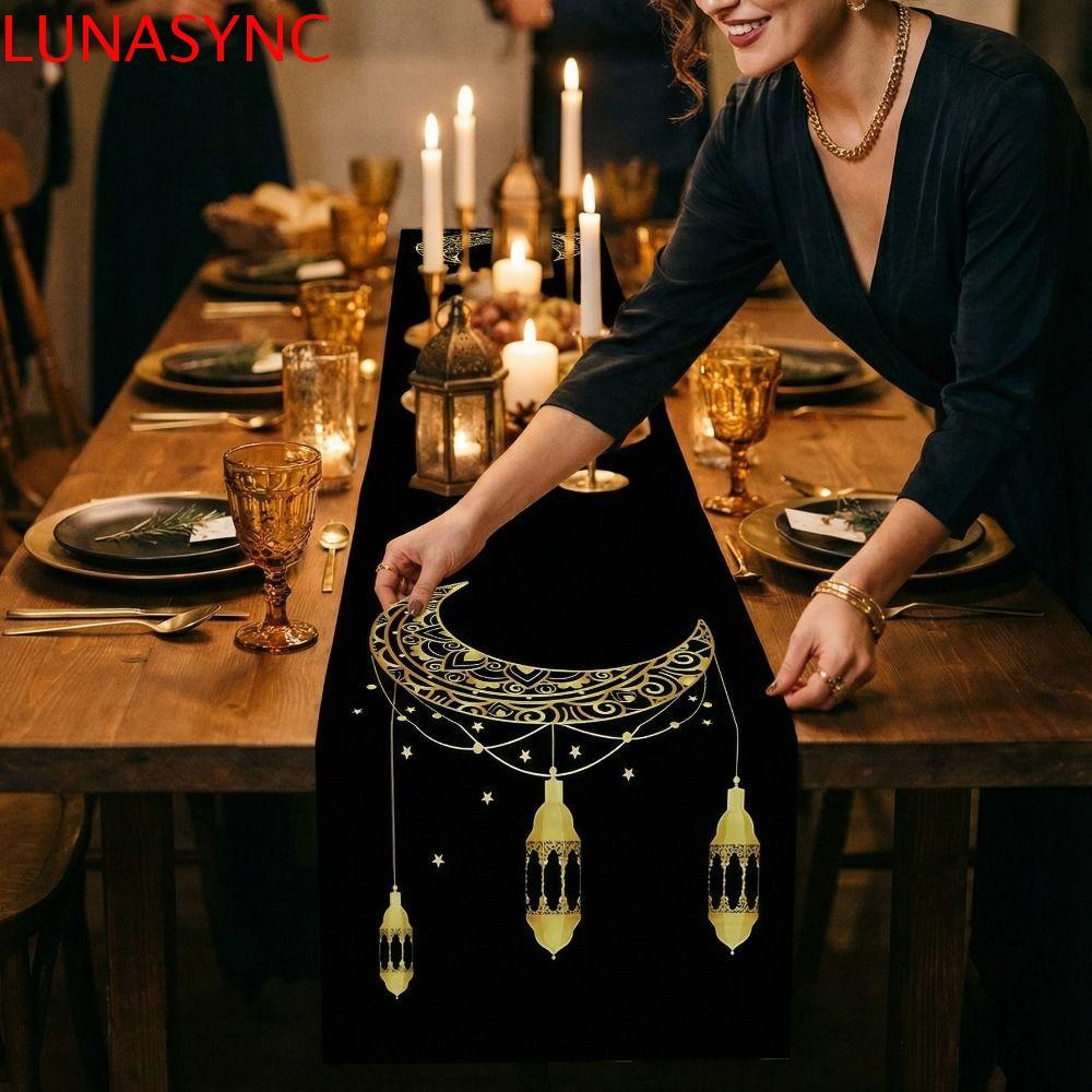 LUNASYNC Ramadan Table Runner, Vintage Floral Pattern Moon Star Table Runner, Party Decorative Tradi