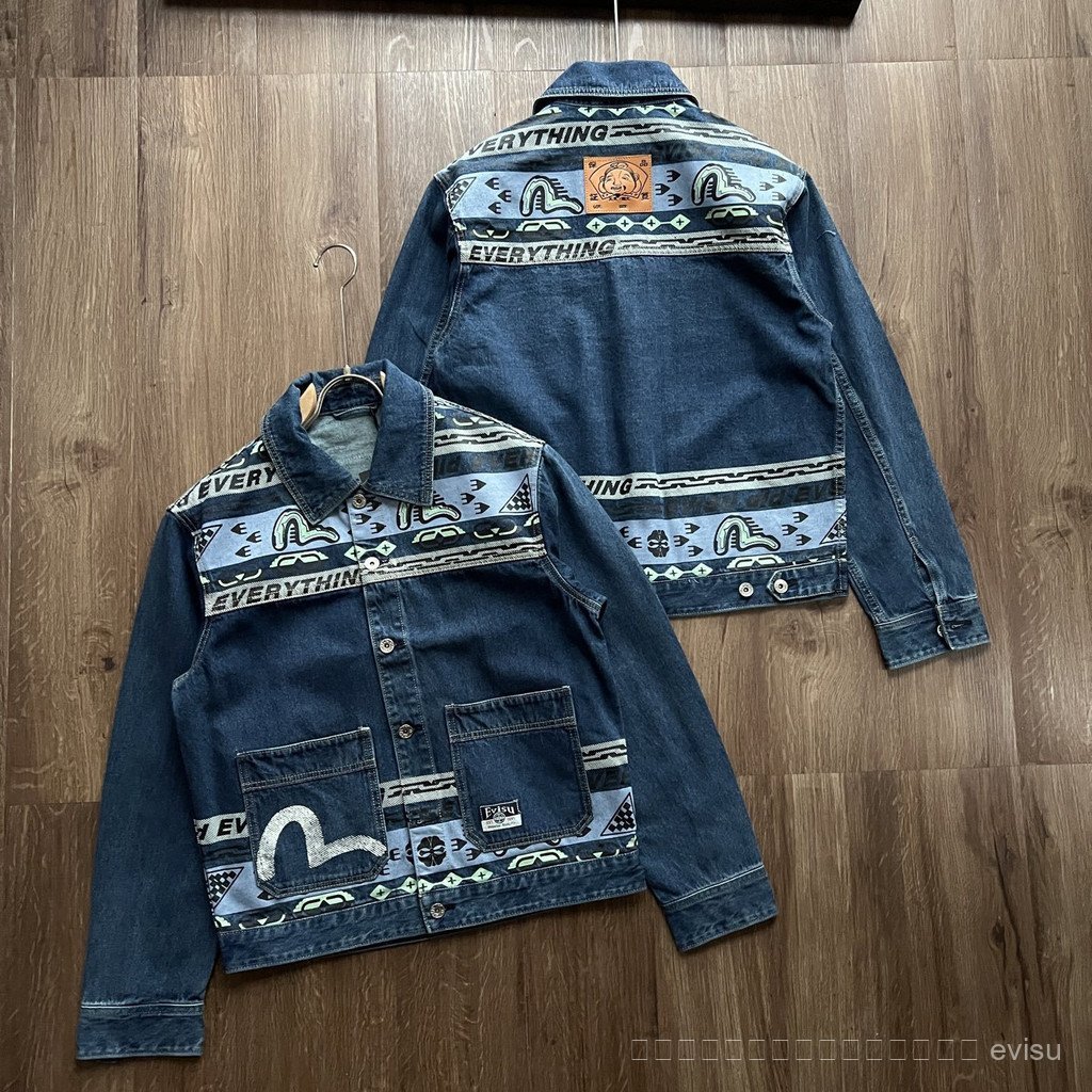 2026 new evisu แจ็คเก็ตผู้ชาย สไตล์เผ่านานาชาติ พิมพ์ลายบนผ้ายีนส์