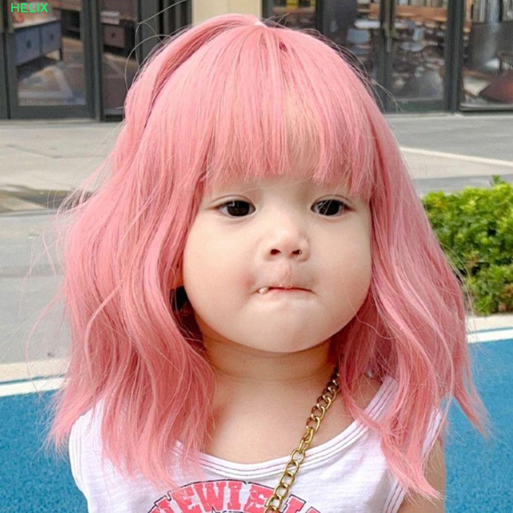 วิกผมทรงบ๊อบสั้นมีลายเส้นน่ารักสำหรับเด็กและเยาวชน สีชมพูสดใส ผมปลอม Felix