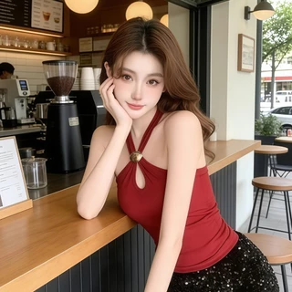 Kitty.Vogue เสื้อสายเดี่ยวคล้องคอสำหรับผู้หญิง สั้นเรียบง่าย กระชับสุดเซ็กซี่ สไตล์เกาหลี เหมาะกับฤดูร้อน FY2902#1-0