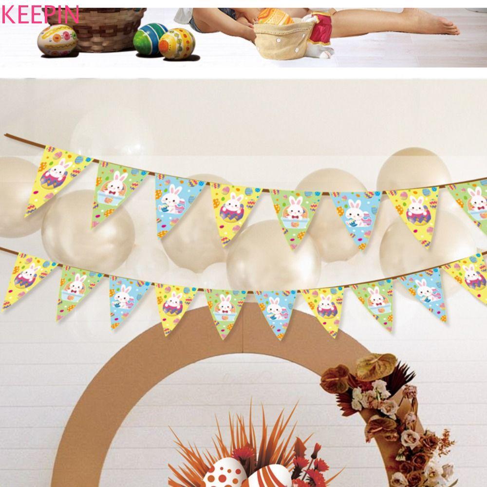 KEEPIN พวงมาลัยอีสเตอร์, ตกแต่งอีสเตอร์สามเหลี่ยมธงกระต่าย Bunting, Happy Easter Supplies กระต่ายแครอทรูปแบบตกแต่งอีสเตอร์แขวนผนัง
