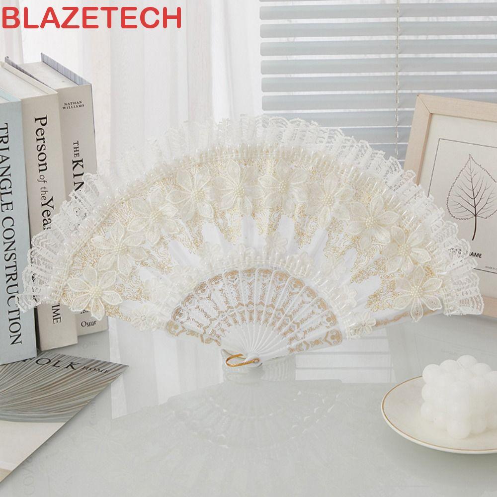 BLAZETECH พัดลมพับลูกไม้, ที่จับพลาสติก สีขาว Lolita ลูกไม้พัดลมมือ, ประสิทธิภาพด้วยมุกมือถือ Retro Court สไตล์เจ้าสาวพัดลมมือ Party