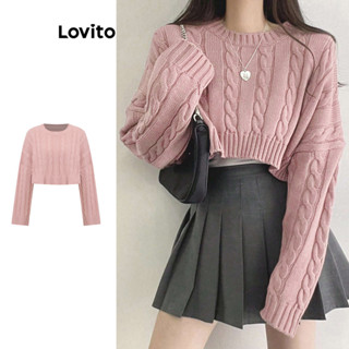 Lovito เสื้อสเวตเตอร์ผู้หญิง ผ้าแจ็คการ์ด สีพื้น สไตล์ลำลอง …