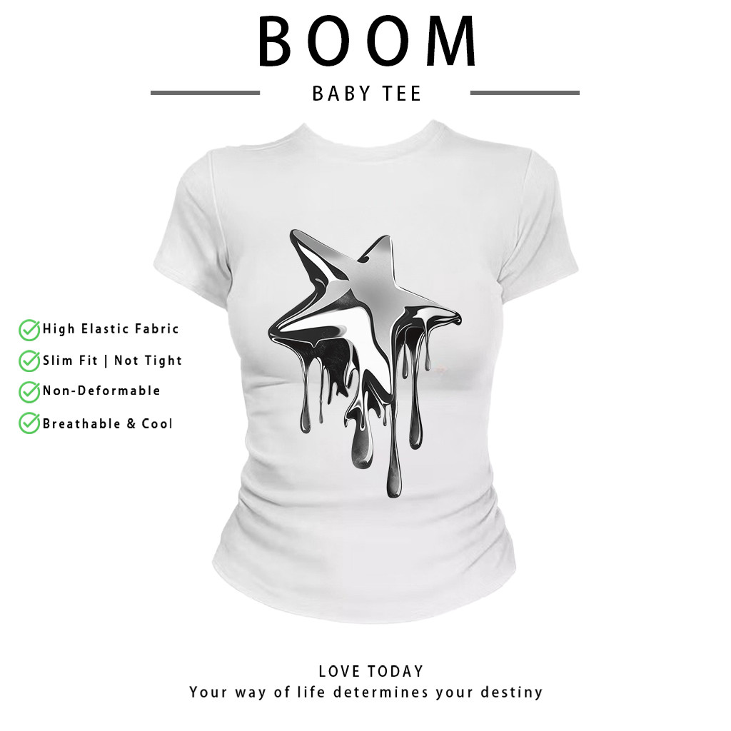 COD（จัดส่งภายใน 24 ชั่วโมง）เสื้อสาวอวบ เสื้อครอปท็อป แขนสั้น babytee สไตล์เกาหลี y2k T-shirt | ดาวห้าแฉก