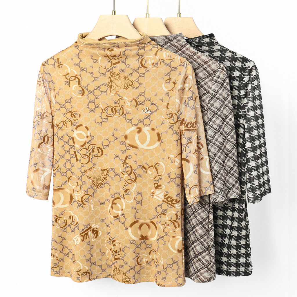 เสื้อตาข่าย West Lake Pavilion Old [Hua H] เสื้อยืดแขนสั้นคอปกครึ่งสูงตาข่ายแขนสั้นอารมณ์ฤดูใบไม้ผลิ