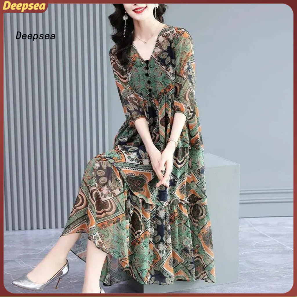 DPA ผู้หญิง Midi ชุดจีบพิมพ์หลวม Hem ปุ่มตกแต่ง Patchwork Dress Up V คอ Vintage Lady ฤดูร้อนชุดหญิงเ