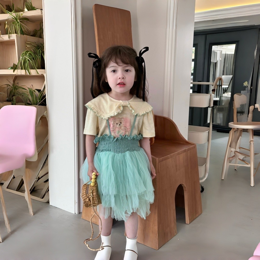 Theioioio ชุดเอี๊ยมกระโปรงฟูเด็กหญิง ผ้าคอตตอน 99% สีเขียวน้ำทะเล สไตล์วินเทจ สวยหวานน่ารัก 2-6 ขวบ 