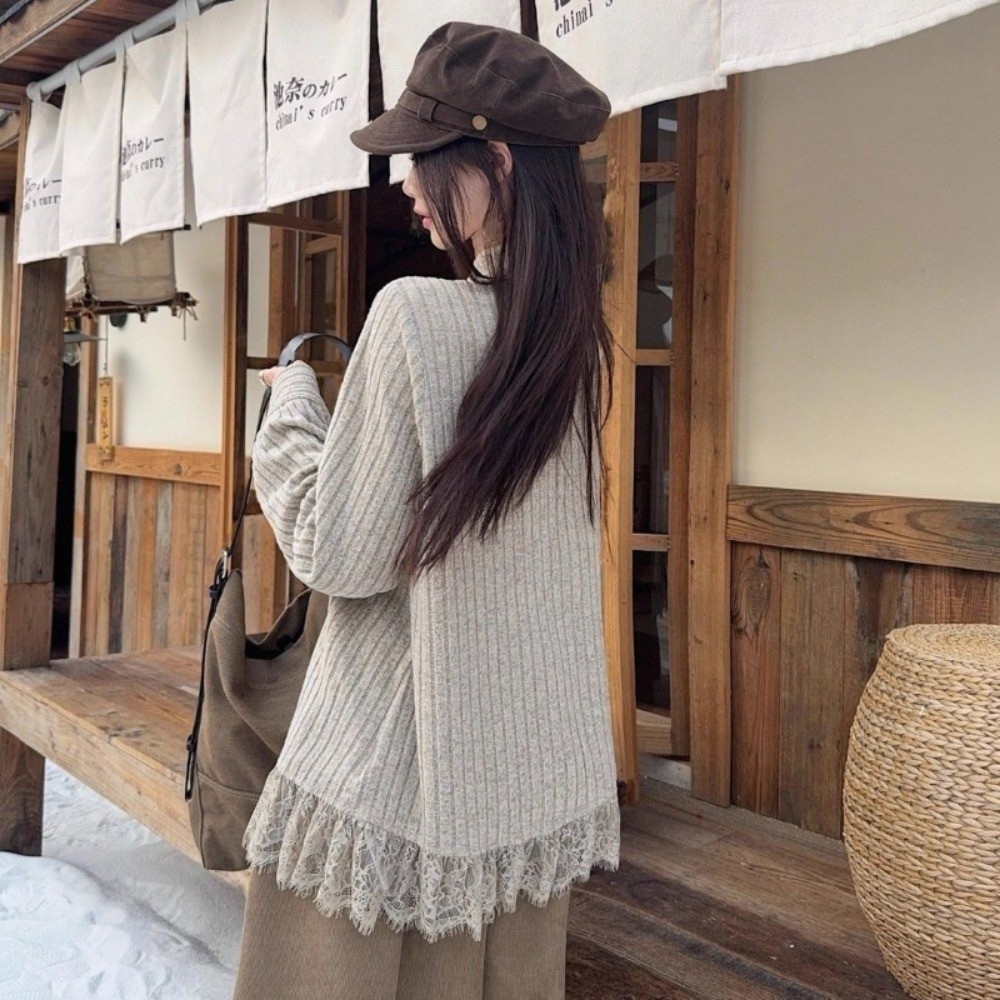 สไตล์ย้อนยุคลูกไม้แขนยาวถักเสื้อฤดูใบไม้ผลิฤดูใบไม้ร่วงใหม รูปที่ 8