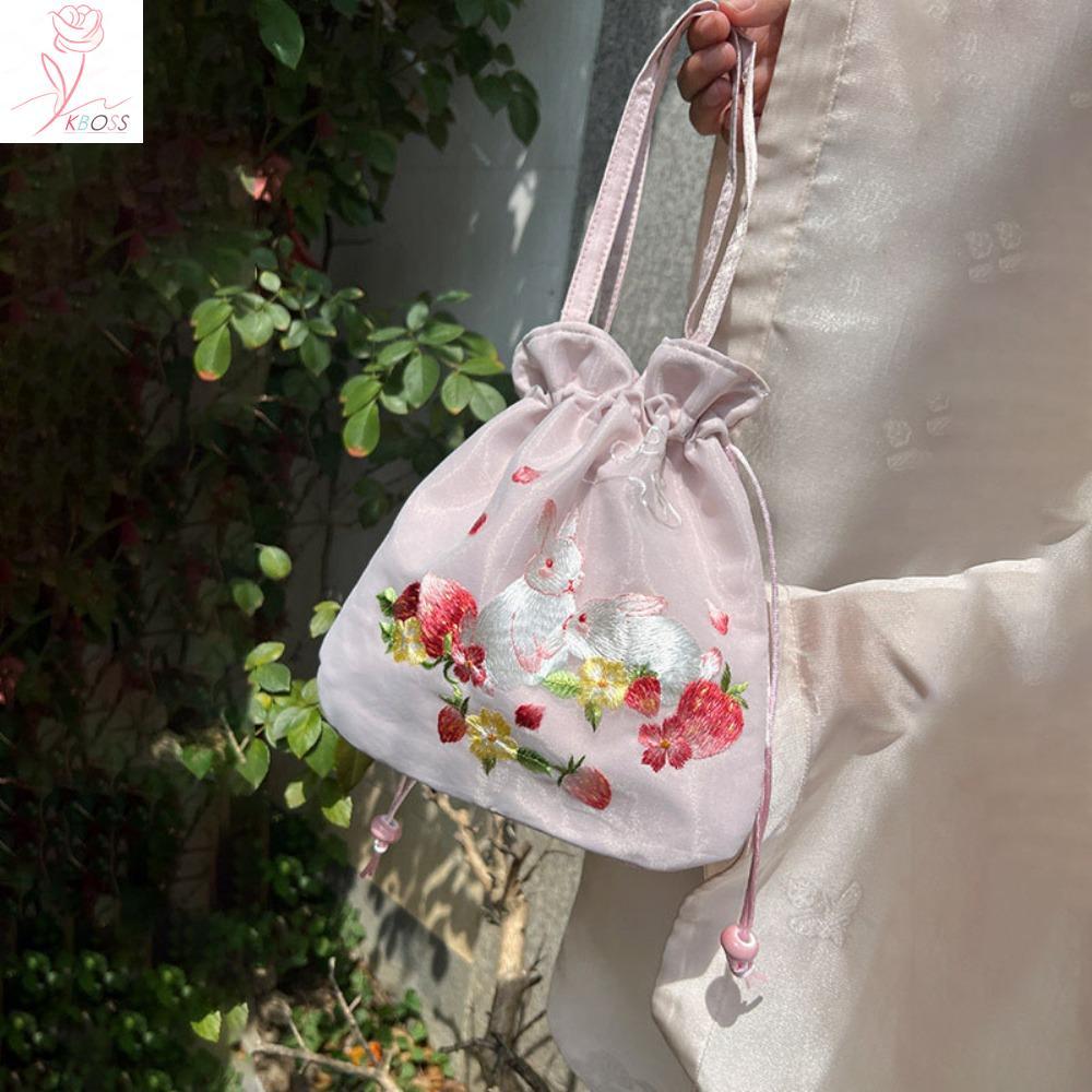 KBOSS สไตล์ Drawstring Bucket Bag, ดอกไม้หวาน Hanfu เย็บปักถักร้อยกระเป๋าถือ, สไตล์ชาติพันธุ์โบราณพู