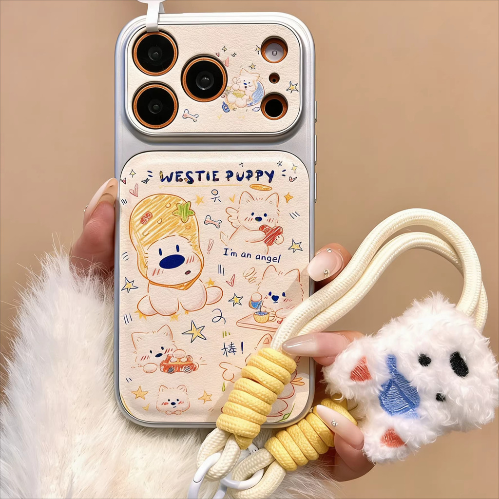 Huiwanju graffiti West Highland ที่ใช้งานได้ iPhone17promax เคสโทรศัพท์มือถือ iP16pro หน้าต่างขนาดใหญ่ 16/15 น่ารัก 14promax/13promax รูปแบบหนัง 17 เคสป้องกันแบบรวมทุกอย่าง