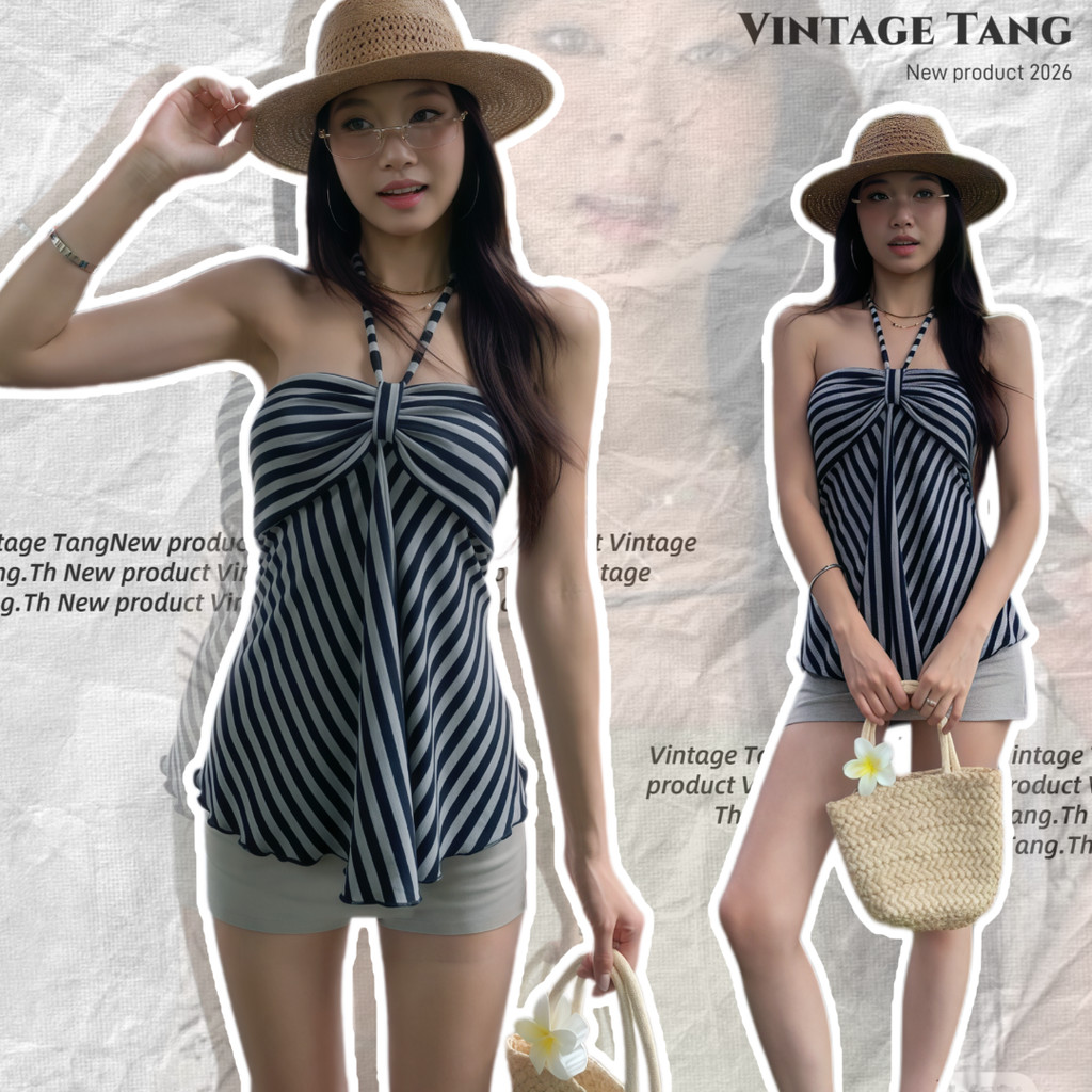 พร้อมส่ง🏷️ชุดสองชิ้น เสื้อเกาะอกผู้หญิง+กระโปรงสั้น มีซับใน ผ้ายืด ลายทาง ผูกหน้า แฟชั่นย้อนยุค สวยแพง ใส่ไปเที่ยว