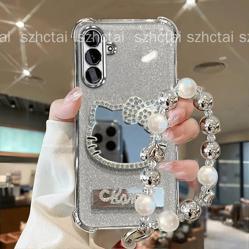 เคสสําหรับ Samsung A56 A16 5G A26 A36 สี่มุมเคสโทรศัพท์กันกระแทก 3D น่ารักเพชรแมวกระจกแต่งหน้าวงเล็บพับได้พร้อมสร้อยข้อมือใหม่เคสนิ่ม
