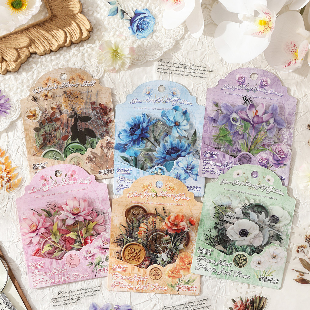 Journamm 40 PCS สติกเกอร์ดอกไม้ PET ดอกไม้ Journaling สติกเกอร์สําหรับสมุดภาพ Junk Journal Supplies Journas Planner Collage สติกเกอร์
