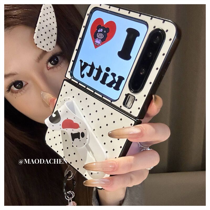 เคส Zflip7 เปลือกน่ารักลายรูปหัวใจแวววาว KT เคสโทรศัพท์แมวสําหรับ Samsung z flip7 zflip6 5 4 3 OPPO 