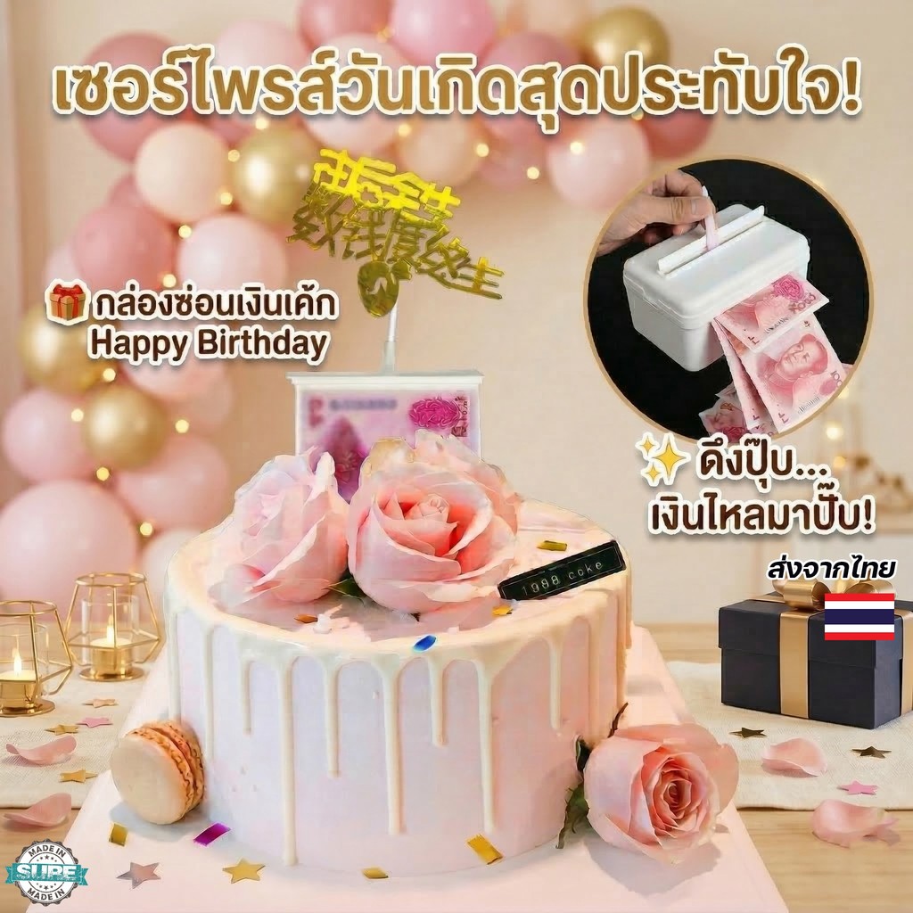 กล่องดึงเงินในเค้ก พร้อมซองใส่เงิน 18-20 ใบ กล่องซ่อนเงิน Happy Birthday กล่องเซอร์ไพรส์เงิน ของขวัญพิเศษ