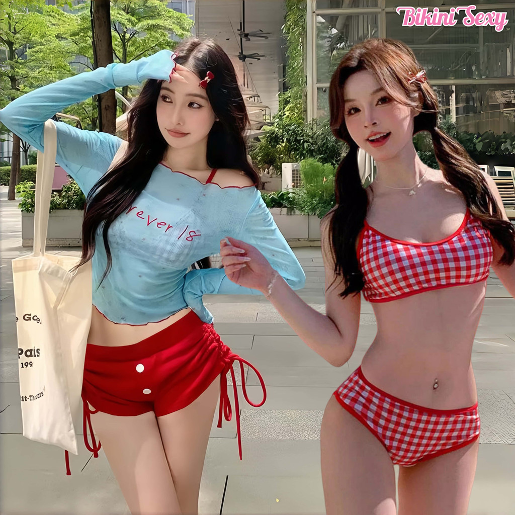 BikiniSexy🌊ชุดว่ายน้ำแฟชั่น ชุดว่ายน้ำผู้หญิงชุดสี่ชิ้น ผ้าคลุมกันuv จัดส่งตอนนี้☀ ผ้าลายดอกไม้