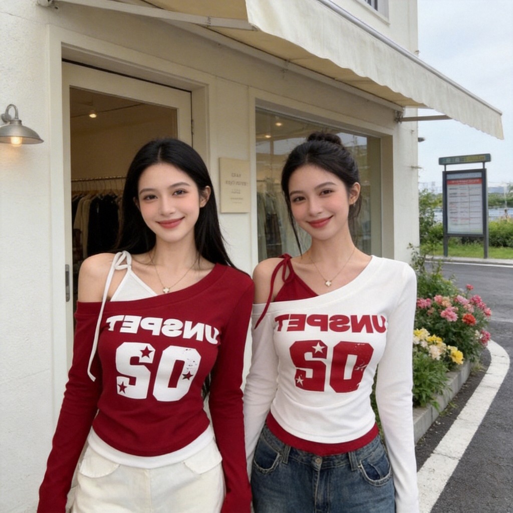 เสื้อแขนยาวทูโทน เปิดไหล่ข้างเดียว แต่งสายผูกโบว์สุดชิค