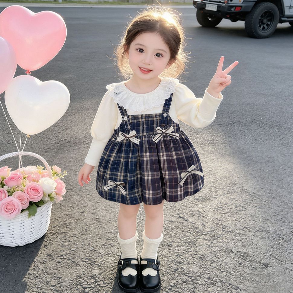 ชุดแฟชั่นลายสก๊อตแขนยาวสำหรับเด็กสาว สไตล์หวาน เหมาะสมกับฤดูใบไม้ผลิและฤดูใบไม้ร่วง