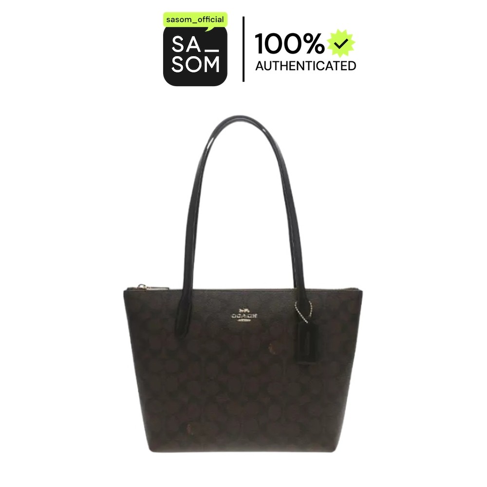 Coach Fiona Zip Tote Bag Walnut Wood Black | ของแท้ ตรวจสอบโดย SASOM