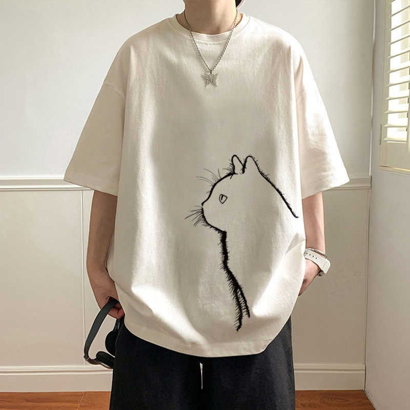 เสื้อยืดพิมพ์ลายแมว แขนสั้นสําหรับผู้ชาย ผ้าฝ้ายฤดูร้อนทรงหลวมใส่สบายล่าสุดใน2026