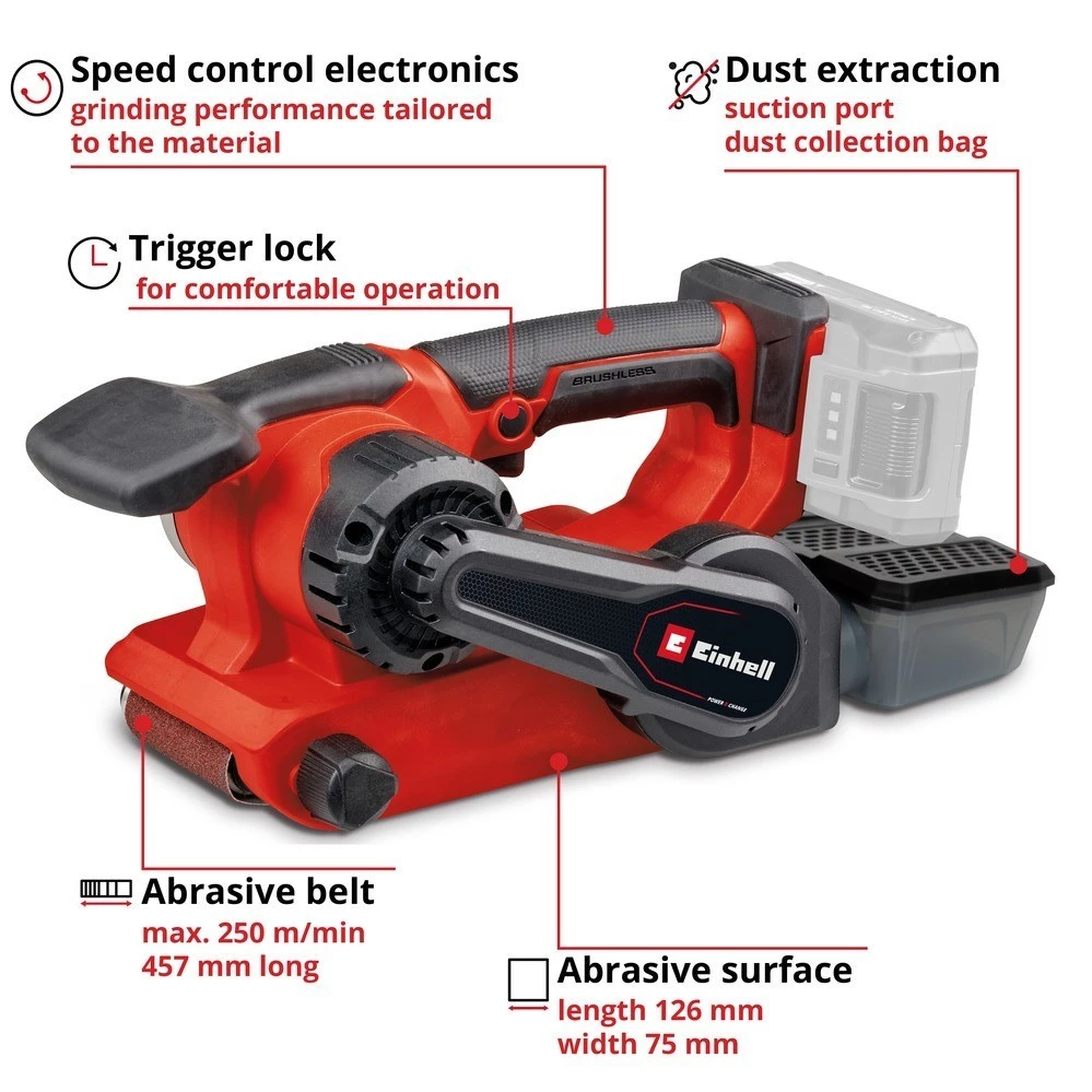 EINHELL เครื่องขัดกระดาษทรายสายพานไร้สาย TP-BS 18/457 Li Brushless เฉพาะเครื่อง thumbnail 3