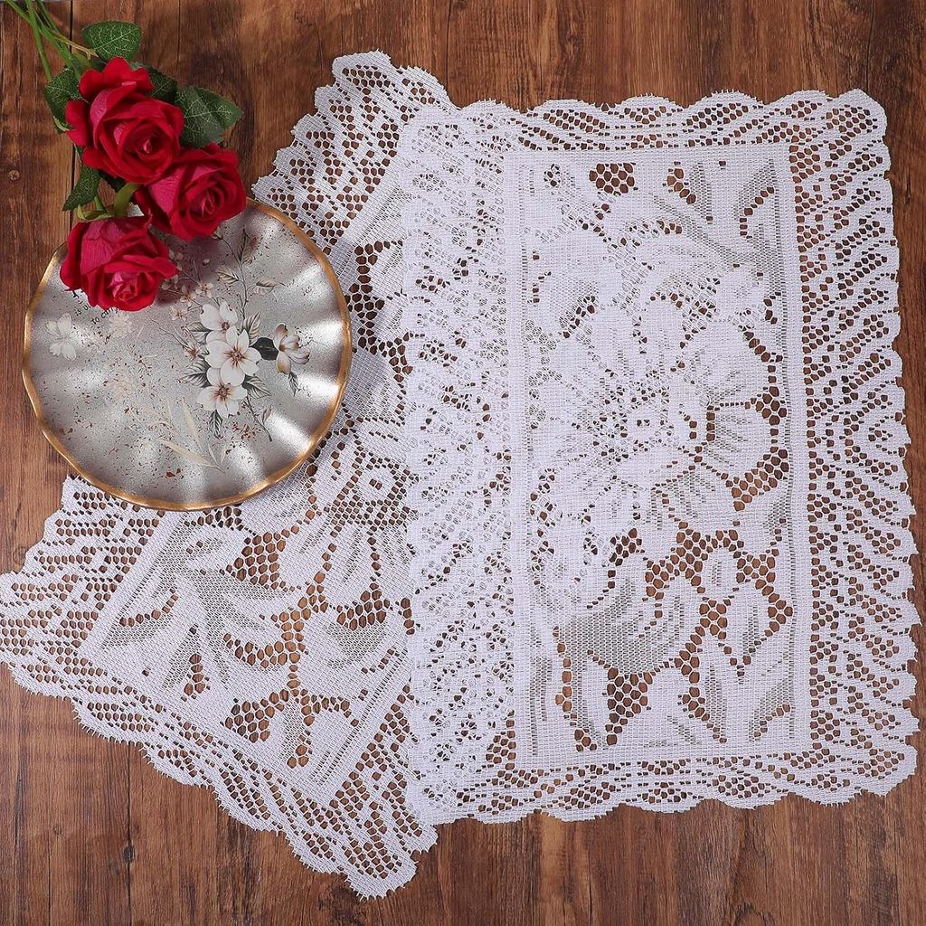 2 แพ็คสี่เหลี่ยมผืนผ้าลูกไม้ Placemats สําหรับตาราง, 17.7x11.8 นิ้ว Handmade ปักโครเชต์ Placemats ดอ