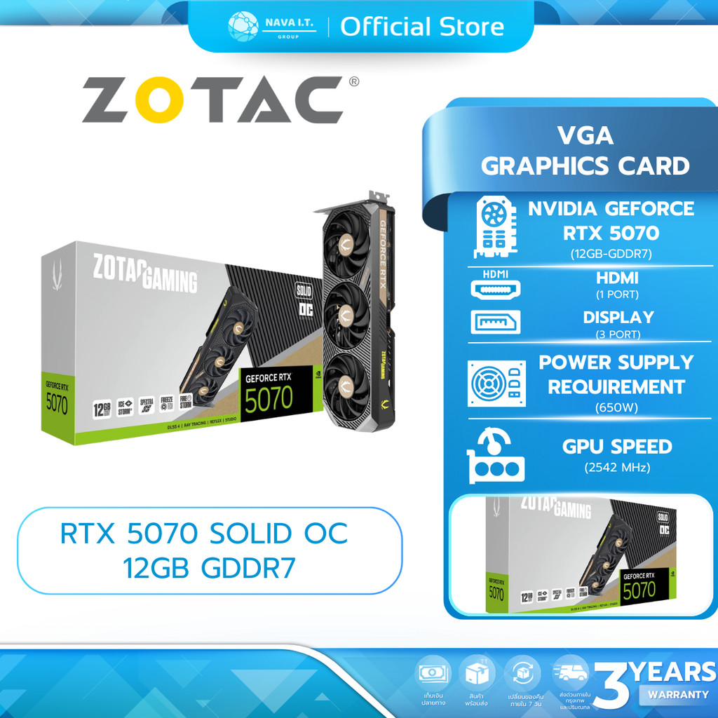 (มีส่งด่วน)VGA (การ์ดจอ) ZOTAC GAMING GeForce RTX 5070 SOLID OC 12GB รับประกัน 3 ปี