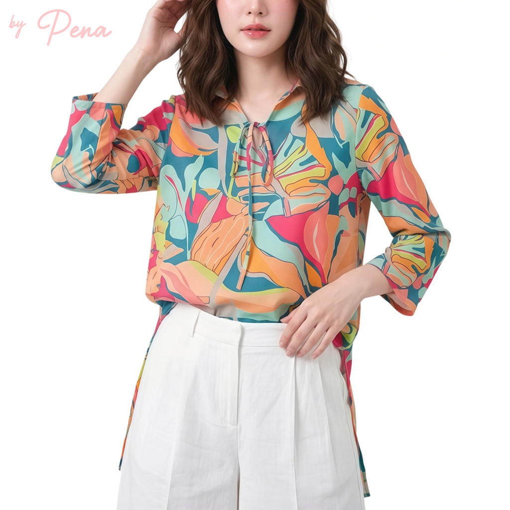 By Pena เสื้อทูนิคเชิ้ตพิมพ์ลาย Tropical  มีเชือกผูก BPSL032601