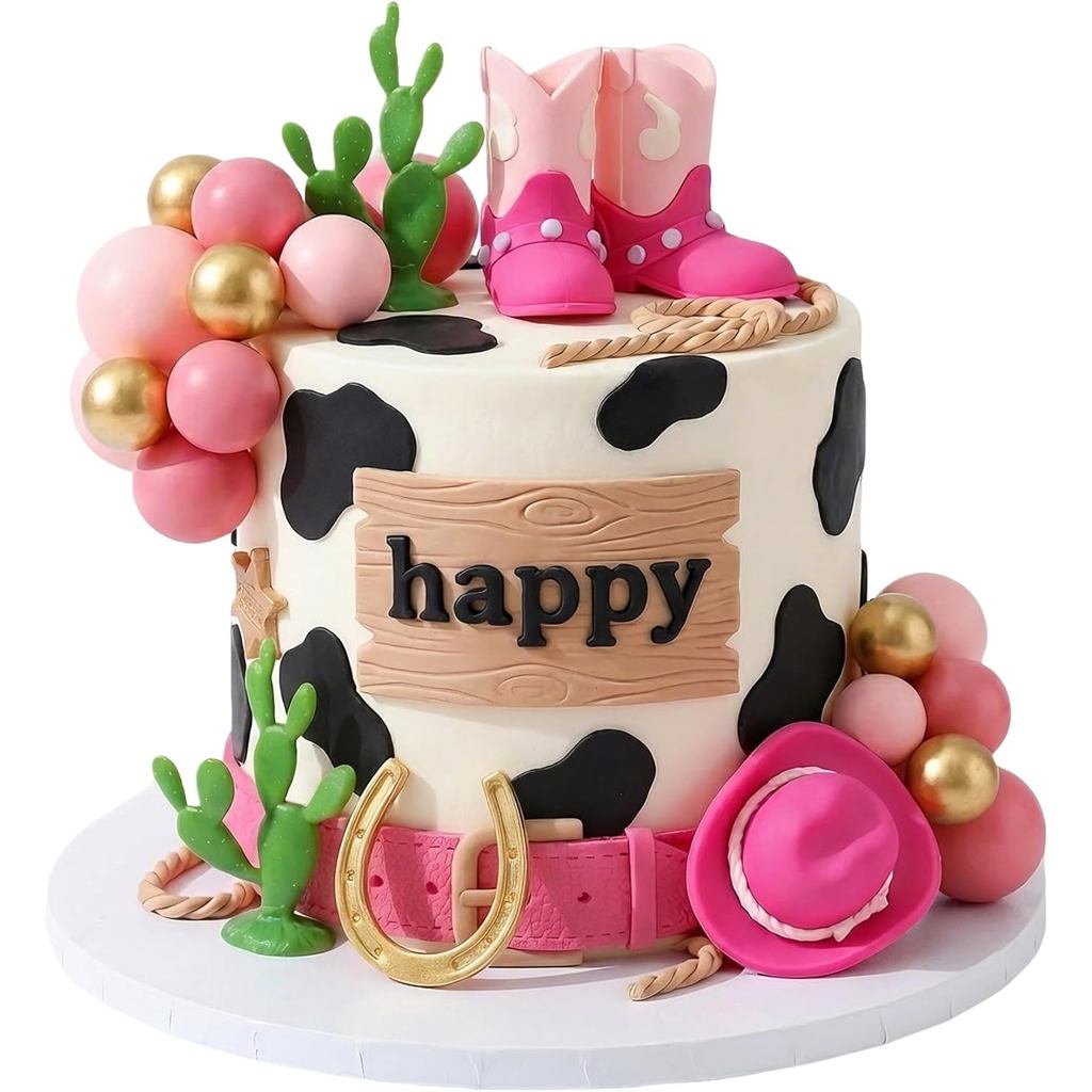 Knana 21 ชิ้นสีชมพู Cowgirl เค้กวันเกิด Topper Cowgirl หมวกเค้ก Topper สีชมพู Boot สําหรับ Western C