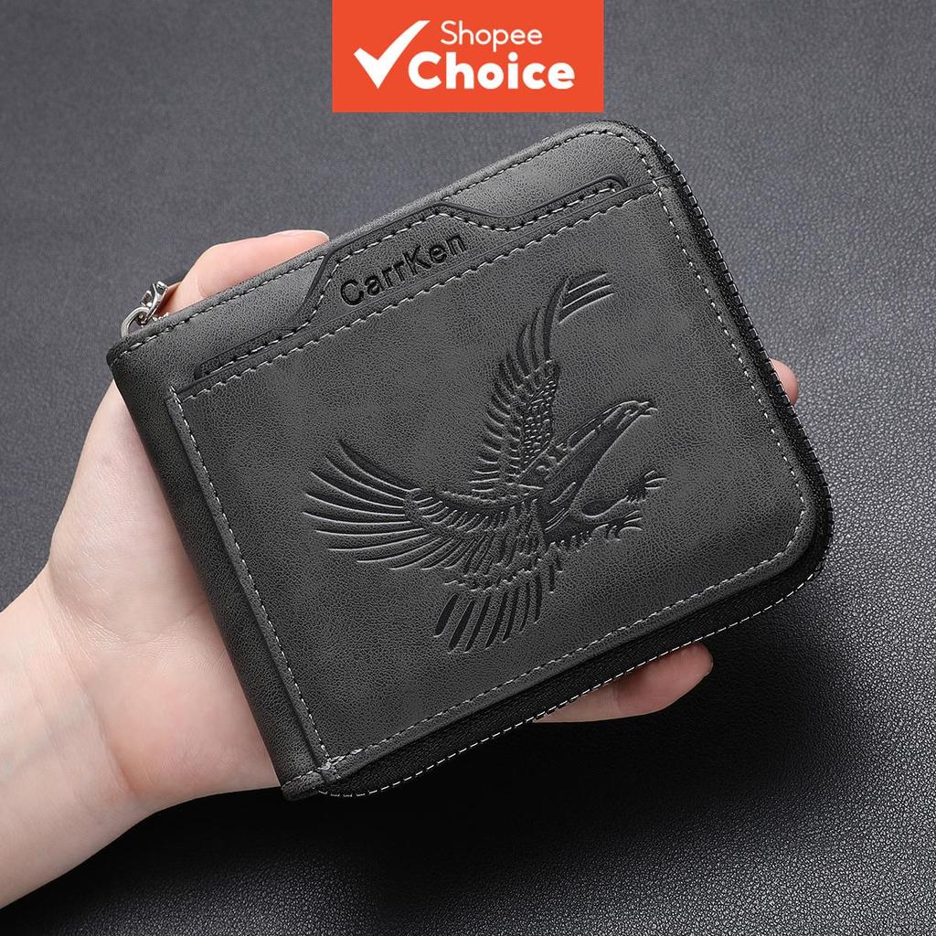 CarrKen กระเป๋าสตางค์ใบสั้นสําหรับผู้ชาย Eagle Print Zip Multi-Card ID Case พร้อมกระเป๋าใส่เหรียญ