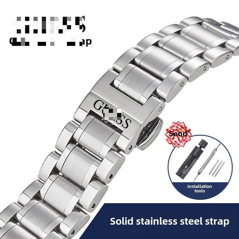 สายนาฬิกาสแตนเลสแบบแข็ง 12-24 มม.สําหรับ GU-ESS W0247G3/W0040G3 - สร้อยข้อมือทดแทนเข็มกลัดผีเสื้อ Unisex